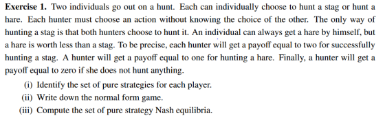 Exercise 1. Two individuals go out on a hunt. Each can individually choose to hunt a stag or hunt a hare. Each hunter must ch