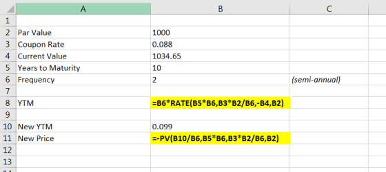 А 2 Par Value 3 Coupon Rate 4 Current Value 5 Years to Maturity 6 Frequency 1000 0.088 1034.65 10 (semi-annual) 7 =B6*RATE(B5