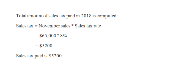 Total amount of sales tax paid in 2018 is computed: Sales tax = November sales * Sales tax rate = $65,000* 8% = $5200. Sales