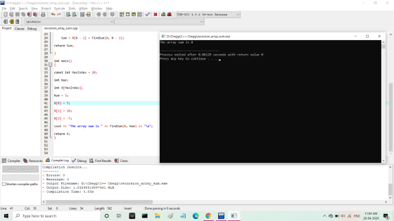 DED: Chegg\C++ Chegg\recursion_array_sum.cpp - [Executing] - Dev-C++ 5.11 File Edit Search View Project Execute Tools Style W