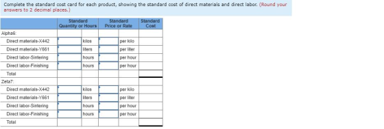 Complete the standard cost card for each product, showing the standard cost of direct materials and direct labor. (Round your
