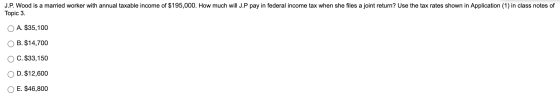 J.P. Wood is a married worker with annual taxable income of $195,000. How much will J.P pay in federal income tax when she fi