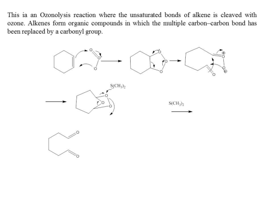 s ia an Ozonolysis reaction where the unsaturated bonds of alkene is cleaved wi ozone. Alkenes form organic compounds in which the multiple carbon-carbon bond has been replaced by a carbonyl group. SICH, - S(CH3)2