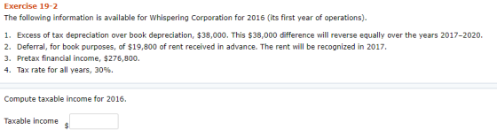 Exercise 19-2 The following information is available for Whispering Corporation for 2016 (its first year of operations). 1. E