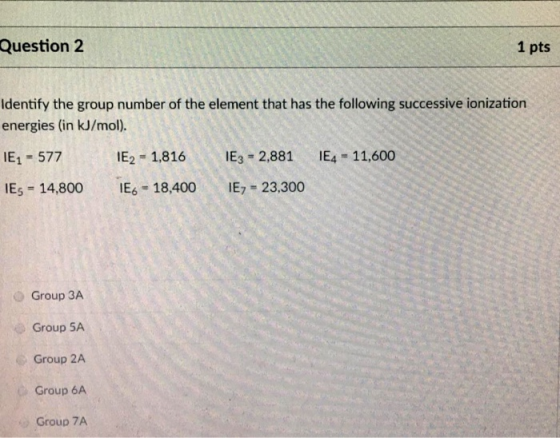 Question 2 1 pts Identify the group number of the element that has the following successive ionization energies (in kJ/mol).
