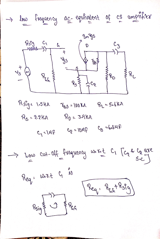 → low frequency ac- equivalent of cs amprifier gmgs Rsig a a Cz + Vgg win Rua Ro w Rs la Yds = 100kn R = 5.6 kr Rsige 15th Rg