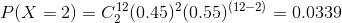 P(X = 2) = 0.120.45)2(0.55) (12-2) = 0.0339