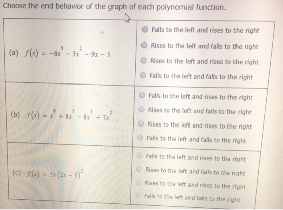 Choose the end behavior of the graph of each polynomial function. OFalls to the left and rises to the right O Rises to the left and falls to the right O Rises to the left and rises to the right O Falls to the left and falls to the right Falls to the left and rises to the right ORises to the left and falls to the right Rises to the left and rises to the right (a) f(x) =-6x3-3x2-9x-5 (b) f(x)=x + 8x -8x + 7x OFalls to the left and falls to the right Falls to the left and rises to the right Rises to the left and falls to the right Rises to the left and rises to the right Falls to the left and falls to the right (c) )5x(2x-5)