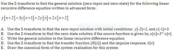 Use the Z-transform to find the general solution (zero-input and zero-state) for the following linear recursive difference eq