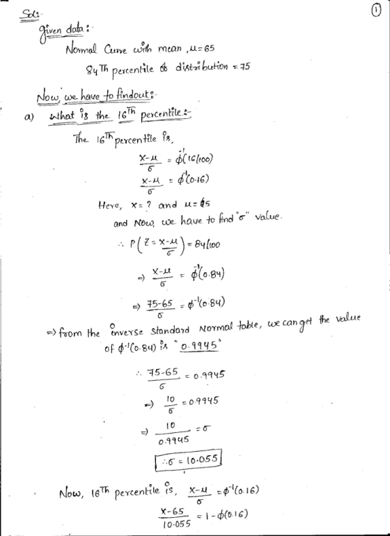 ven Nomal Curve cvh mtan ,u-65 owe have to findout a) ulhat is the ll pescentite percentte lHeve, x-? and and Nour cwe have to find value x-μ ф(o.gy : >fsom the ?nverse słandond Norma! tobie, we cangrd the value 15-65 0.9945 -) 으:09745 o.9145 σ = 10.055 0.055