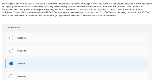 Franklin purchases 40 percent of Johnson Company on January 1 for $578,700. Although Franklin did not use it, this acquisitio