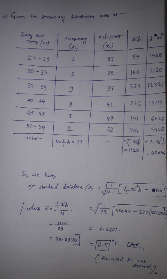 iven the neuenu distrailo ution table as Fo eguem Temp f) u) 27 32 60 5120 37 333 12321 42 336 14112 4714 6621 52 o4 5403 54 1458 2 5 29 30-34 35-39 40 -4 45-49 50- 54 Total,- |N> 2 8 2 2 =29 1128,1-45046 s, we have standard deviation (s) χǐdi_mr 2.9 6.4661 . Rounded one deervnaf.