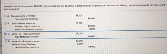 Adelphia Manufacturing issued $80,000 of direct materials and $8,000 of indirect materials for production. Which of the follo