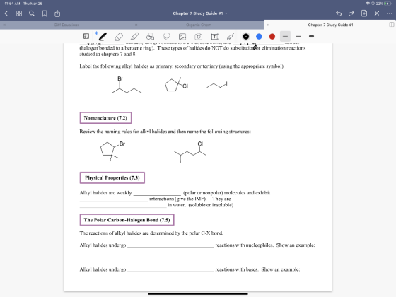 $ 11:54 AM Thu Mar 26 <!! Q DÜ 22% X Chapter 7 Study Guide #1 5 ... Diff Equations Organic Chem Chapter 7 Study Guide #1 al C