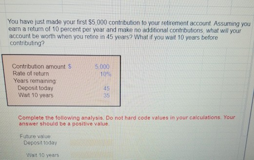 You have just made your first $5,000 contribution to your retirement account. Assuming you earn a return of 10 percent per ye
