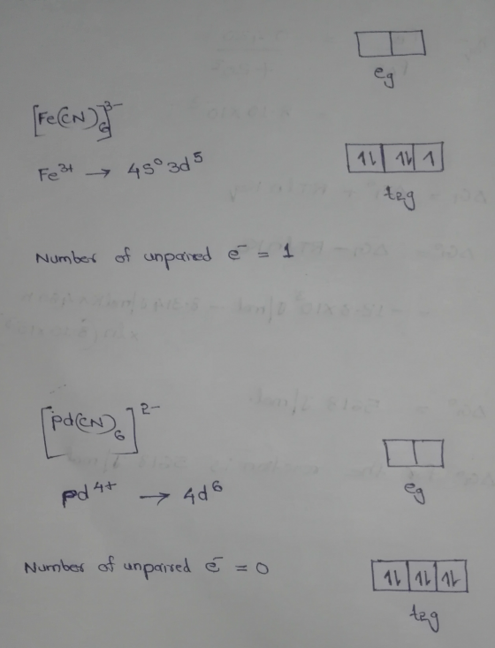 → 406 eg [Fe(CN) Fe 3+ 45°3d 5 11 n11 tag Number of unpained é = 1 2- (pden 6 Pd 4+ Number of unpaired é =0 11a6a6 429
