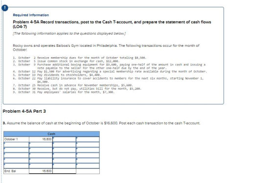Required Information Problem 4-5A Record transactions, post to the Cash T-account, and prepare the statement of cash flows (L