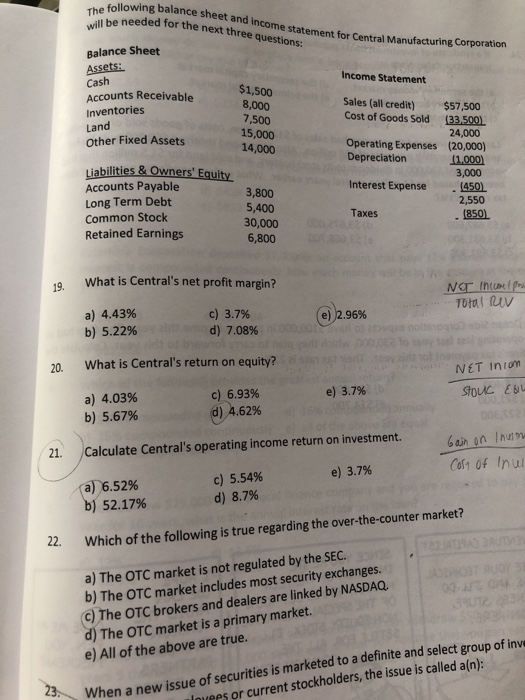 ing balance sheet and income eeded for the next three questions: The following statement for Central Manufacturing Corporation Balance Sheet Assets: Cash Accounts Receivable Inventories Land Other Fixed Assets Income Statement $1,500 8,000 7,500 15,000 14,000 Sales (all credit) $57,500 Cost of Goods Sold 33,5001 24,000 Operating Expenses (20,000) Depreciation iabilities &Owners Equity Accounts Payable Long Term Debt Common Stock Retained Earnings 3,800 5,400 30,000 6,800 3,000 Interest Expense(450 2,550 8501 Taxes What is Centrals net profit margin? 19. a) 4.43% c) 3.7% d) 7,08% e))2.96% b) 5.22% What is Centrals return on equity? a) 4.03% 20. NET iniom c) 6.93% ) 4.62% e) 3.7% b) 5.67% ban n hum Cost of Inu 21. Calculate Centrals operating income return on investment. e) 3.7% a) 6.52% b) 52.17% c) 5.54% d) 8.7% 22 Which of the following is true regarding the over-the-counter market? a) The OTC market is not regulated by the SEC. b) The OTC market includes most security exchanges. Q) The OTC brokers and dealers are linked by NASDAQ. d) The OTC market is a primary market. e) All of the above are true. of securities is marketed to a definite and select group of inv louees or current stockholders, the issue is called a(n): w issue When a ne