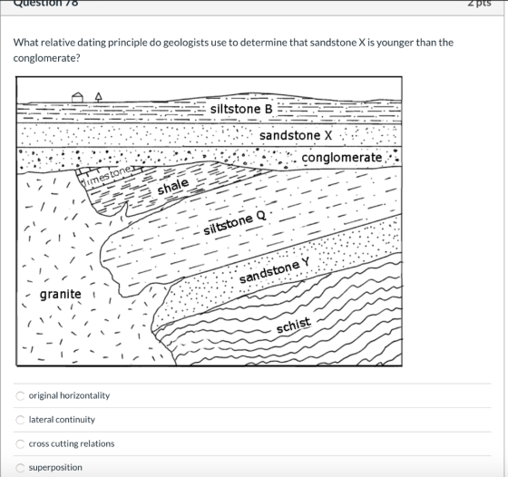 QLuOnsanh. What relative dating principle do geologists use to determine that sandstone X is younger than the z pts conglomer