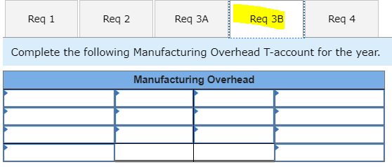 Req 1 Req 2 Req ЗА Req 3B Req 4 Complete the following Manufacturing Overhead T-account for the year. Manufacturing Overhead