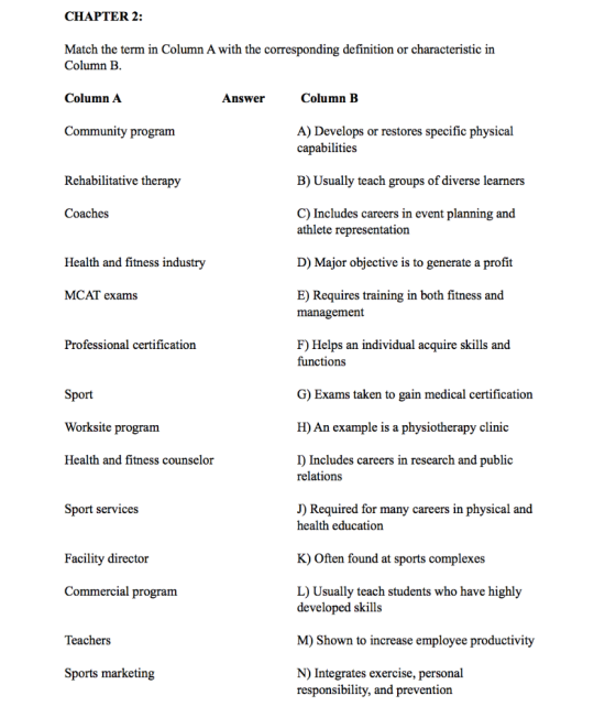 CHAPTER 2: Match the term in Column A with the corresponding definition or characteristic in Column B. Column A Answer Column