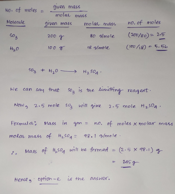 given mass No. of moles = molar mass Molecule given mass - molar mass no, of moles 503 200 g 80 glmole (200/80) = 2.5 (100/18