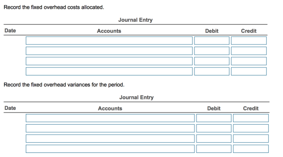 Record the fixed overhead costs allocated. Journal Entry Date Accounts Debit Credit Record the fixed overhead variances for t