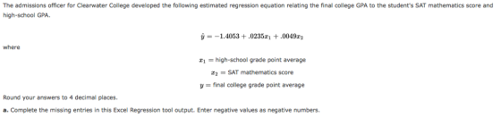 The admissions officer for Clearwater College developed the following estimated regression equation relating the final colleg