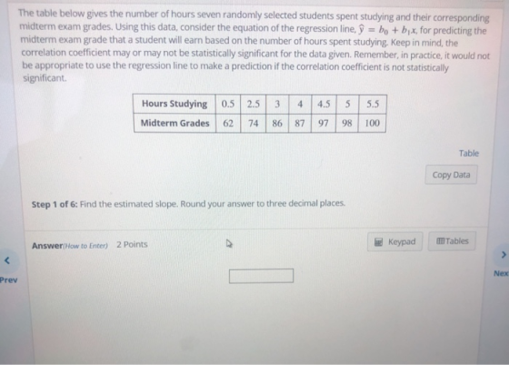 The table below gives the number of hours seven randomly selected students spent studying and their corresponding midterm exam grades. Using this data, consider the equation of the regression line, y bo + bix, for predicting the midterm exam grade that a student will earn based on the number of hours spent studying. Keep in mind, the correlation coefficient may or may not be statistically significant for the data given. Remember, in practice, it would not be appropriate to use the regression line to make a prediction if the correlation coefficient is not statistically significant. Hours Studying 0.5 2.5 3 4 4.5 5 5.5 Midterm Grades62 74 86 87 97 98 100 Table Copy Data Step 1 of 6: Find the estimated slope. Round your answer to three decimal places. AnswerHow to Enter) 2 Points KeypadTables Nex Prev