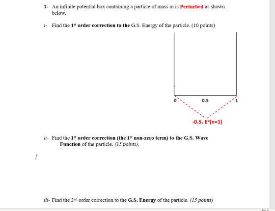 1- An infinite potential box containing a particle of mass m is Perturbed as shown below. i. Find the 1st order correction to