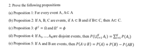 2. Prove the following propositions (a) Proposition 1: For every event A, AC A (b) Proposition 2: If A, B, C are events, if A c B and if Bc C, then Ac C (c) Proposition 3: φ-Ω and 0° = φ (d) Proposition 4: If A1, ..Ak (e) Proposition 5: If A and Bare events, then P(A UB)-P(A)+P(B) - P(AB) are disjoint events, then P(UK 1 A.)-Σm P(A)