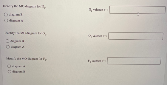 Identify the MO diagram for N, Nvalence e: diagram B O diagram A Identify the MO diagram for 0, o, valence e: O diagram B dia
