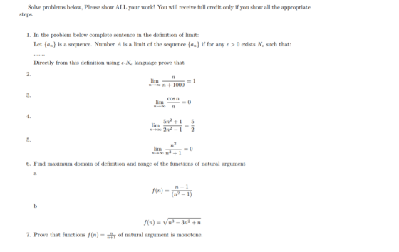 Solve problems below, Please show ALL your work! You will receive full credit only if you show all the appropriate steps. 1.