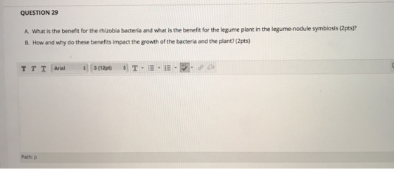 QUESTION 29 A. What is the benefit for the rhizobia bacteria and what is the benefit for the legume plant in the legume-nodul