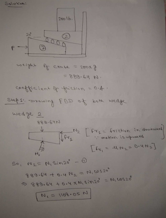 So, N2= N, Sin 200 Solution 200lb. 20° 2 weight of = 2000 g = 889.64 Ni coefficient of friction 20.4. Step 1. Dra Drawing FBD
