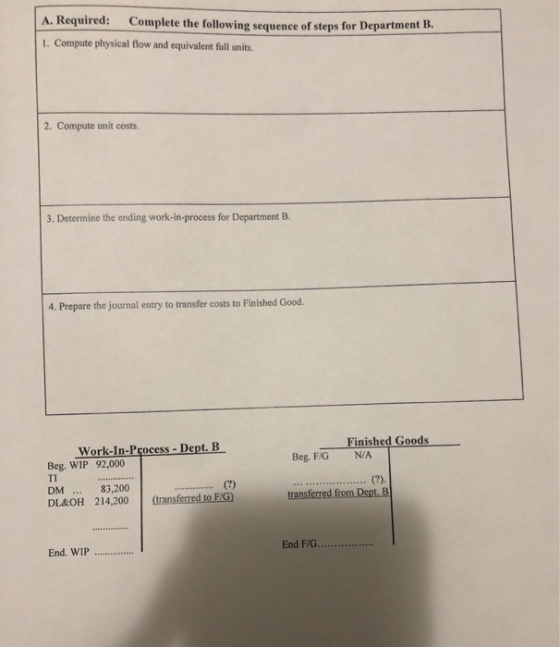A. Required: Complete the following sequence of steps for Department B. 1. Compute physical flow and equivalent full units. 2