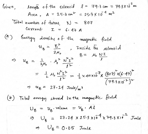 = 25.34 10 4 m2 Given, length of the solenoid l = 79.3 cm = 79.3x10²m Area, A=25.3 cm2 Total number of turns, N = 807 Current