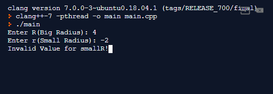 clang version 7.0.0-3-ubuntu0.18.04.1 (tags/RELEASE_700/final) } clang++-7 pthread -o main main.cpp } ./main Enter R (Big Rad