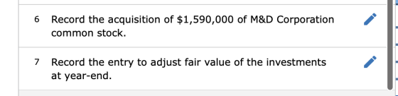 6 Record the acquisition of $1,590,000 of M&D Corporation common stock. 7 Record the entry to adjust fair value of the invest