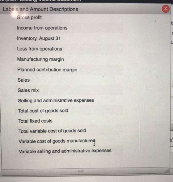 Labels and Amount Descriptions Gross profit Income from operations Inventory, August 31 Loss from operations Manufacturing ma