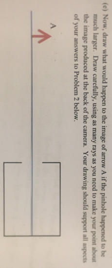 (e) Now, draw what would happen to the image of arrow A if the pinhole happened to be much larger. Draw carefully, using as many rays as you need to make your point about the image produced at the back of the camera. Your drawing should support all aspects of your answers to Problem 2 below.