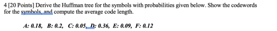 4 [20 Points] Derive the Huffman tree for the symbols with probabilities given below. Show the codewords for the symbols and