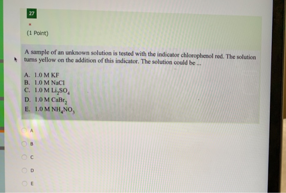 27 (1 Point) A sample of an unknown solution is tested with the indicator chlorophenol red. The solution turns yellow on the