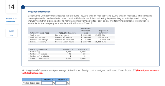 14 Part 14 of 15 Required information Greenwood Company manufactures two products-13,000 units of Product Y and 5,000 units o