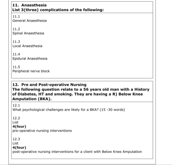 11. Anaesthesia List 3(three) complications of the following: 11.1 General Anaesthesia 11.2 Spinal Anaesthesia 11.3 Local Ana