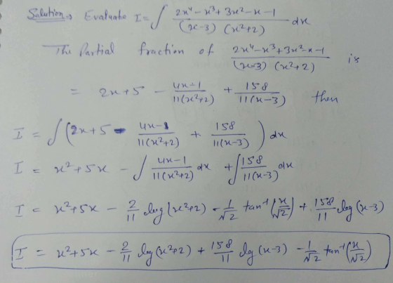 Saluhion Evaluabe I= 2nY-+ 3x2-1 c-3) (u?+2) The Partial fraction of 2u-x3+3u?n- (203) (x?42) 158 %3D then 1I(K-3) nx22) 11(