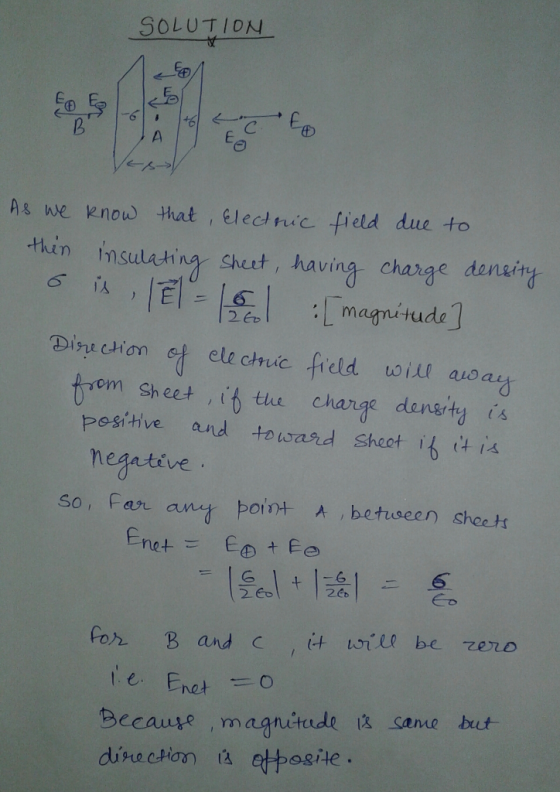 SOLUTION ED As we now that , Elecnic field due to thin insulating/ Shut, having- change denuta. L magnitude om Sheett the cha