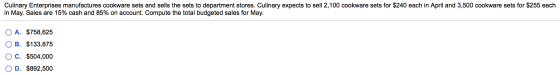 Culinary Enterprises manufactures cookware sets and sells the sets to department stores. Culinary expects to sell 2,100 cookw