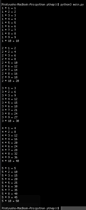 Pratyushs-MacBook-Pro:python pthapli$ python3 main.py 1 * 1 = 1 1 * 2 = 2 1 * 3 = 3 1 * 4 = 4 1 * 5 = 5 1 * 6 = 6 1 * 7 = 7 1