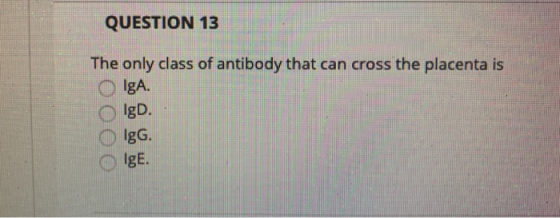 QUESTION 13 The only class of antibody that can cross the placenta is IgA. IgD. IgG. IgE.